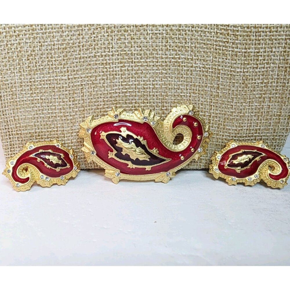 Vtg Bob Makie Red Gold Enamel Paisley Brooch Pin Clip on Earring Set